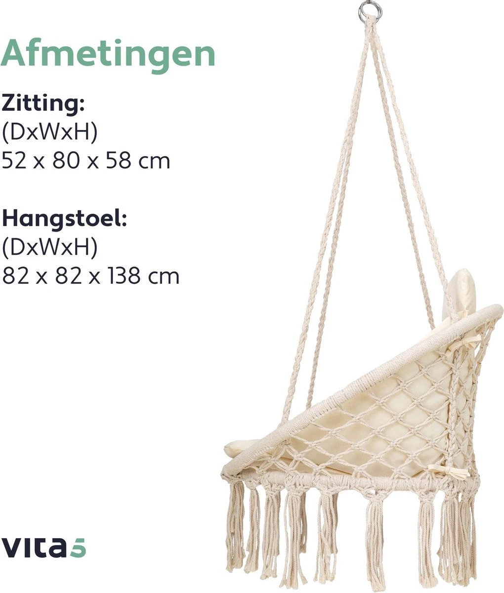 Vita5 Macramé Hangstoel - Voor Binnen en Buiten - Zonder Standaard - Incl. Kussen, Boekenvak en Beschermhoes - Tot 150kg - Beige Vita5 Macramé Hangstoel - Voor Binnen En Buiten - Zonder Standaard - Incl. Kussen, Boekenvak En Beschermhoes - Tot 150kg - Beige -Tuinmeubelseries Winkel