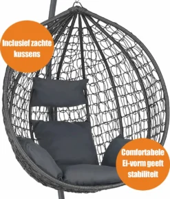 Bircim Hangstoel Ei/Egg-Vorm Met Dikke Kussens - Voor Binnen En Buiten - Incl. Standaard, Onderstel & Kussens - Antraciet -Tuinmeubelseries Winkel 1027x1200
