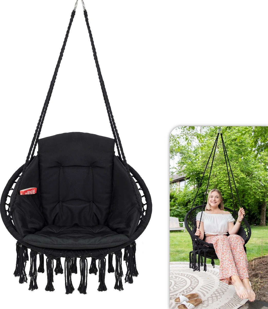 Vita5 Macramé Hangstoel - Voor Binnen en Buiten - Zonder Standaard - Incl. Kussen, Boekenvak en Beschermhoes - Tot 150kg - Zwart Vita5 Macramé Hangstoel - Voor Binnen En Buiten - Zonder Standaard - Incl. Kussen, Boekenvak En Beschermhoes - Tot 150kg - Zwart -Tuinmeubelseries Winkel 1043x1200 1
