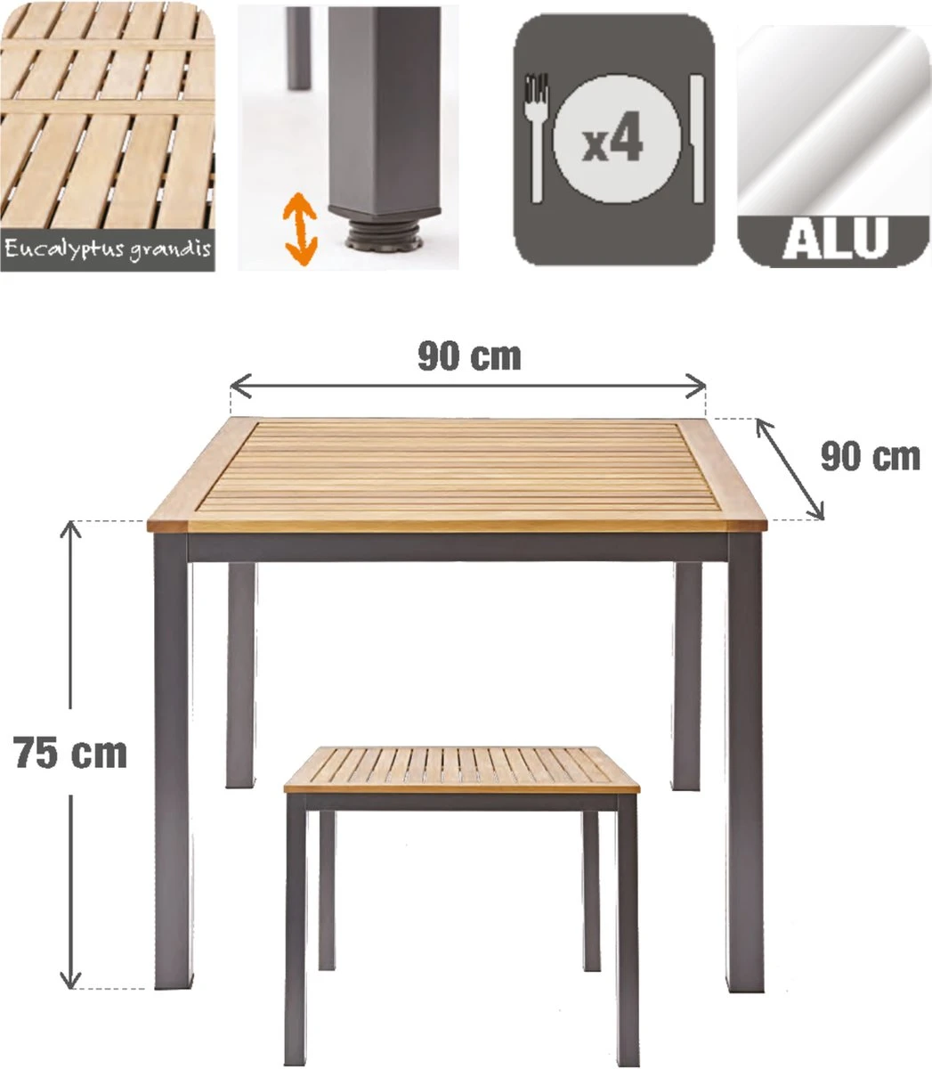 NATERIAL - Tuintafel vierkant ORIS - 4 personen - houten tafel 90x90 cm - aluminium - met houten blad - eucalyptus NATERIAL - Tuintafel Vierkant ORIS - 4 Personen - Houten Tafel 90x90 Cm - Aluminium - Met Houten Blad - Eucalyptus -Tuinmeubelseries Winkel