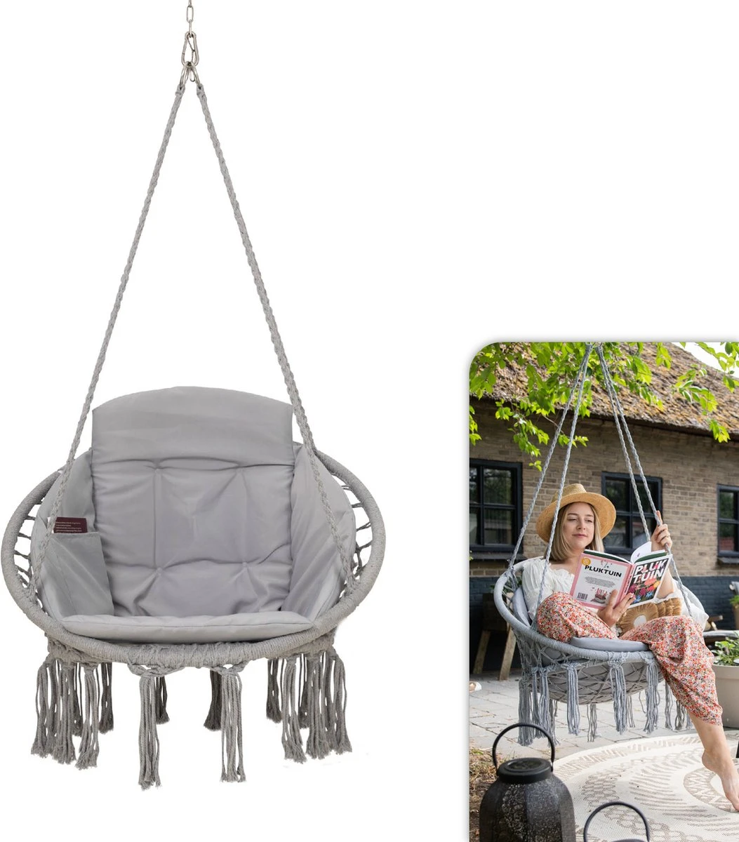Vita5 Macramé Hangstoel - Voor Binnen en Buiten - Zonder Standaard - Incl. Kussen, Boekenvak en Beschermhoes - Tot 150kg - Grijs Vita5 Macramé Hangstoel - Voor Binnen En Buiten - Zonder Standaard - Incl. Kussen, Boekenvak En Beschermhoes - Tot 150kg - Grijs -Tuinmeubelseries Winkel