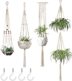 4 Stuks Plantenhangers - Boho Handgeweven Katoen Hangpot Voor Binnen/Buiten - Bloempot Met Kralen - Macramé Touw/Koord Hangplant Houder - Bohemian Wandhanger Decoratie - Verticale Tuin Plant Hanger Bloempothouder Planthanger Wit -Tuinmeubelseries Winkel 1068x1200 3