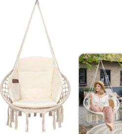 Vita5 Macramé Hangstoel - Voor Binnen En Buiten - Zonder Standaard - Incl. Kussen, Boekenvak En Beschermhoes - Tot 150kg - Beige