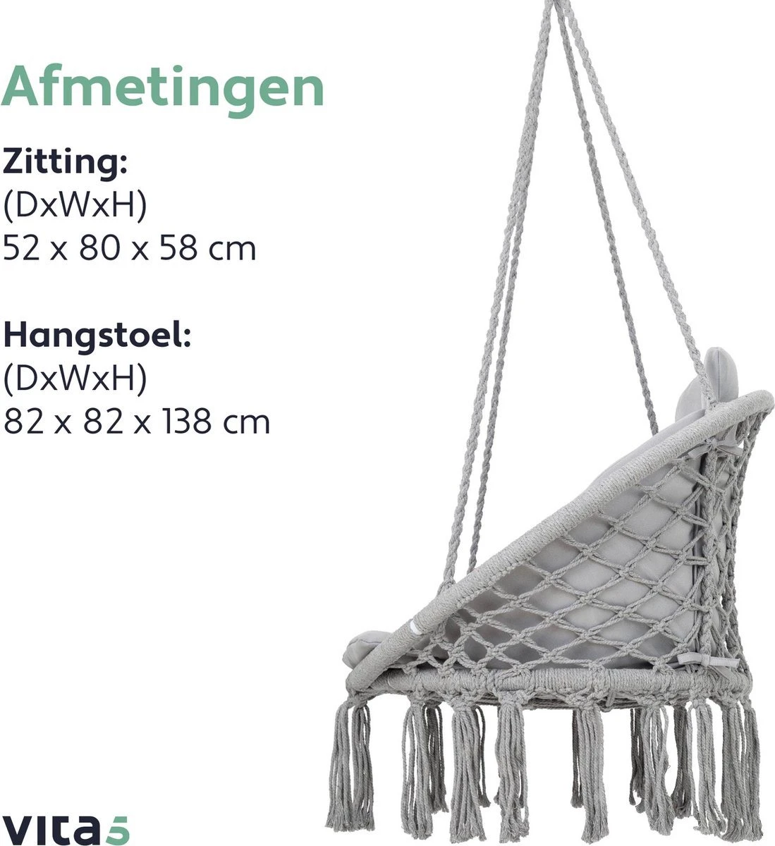 Vita5 Macramé Hangstoel - Voor Binnen en Buiten - Zonder Standaard - Incl. Kussen, Boekenvak en Beschermhoes - Tot 150kg - Grijs Vita5 Macramé Hangstoel - Voor Binnen En Buiten - Zonder Standaard - Incl. Kussen, Boekenvak En Beschermhoes - Tot 150kg - Grijs -Tuinmeubelseries Winkel