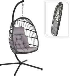 Pro Garden Lowander Hangstoel Egg 191x126x126- Schommelstoel Met Rattan Cocoon En Robuust Stalen Standaard Incl. Kussens - Volledig Inklapbaar - Lichtgrijs -Tuinmeubelseries Winkel 1116x1200