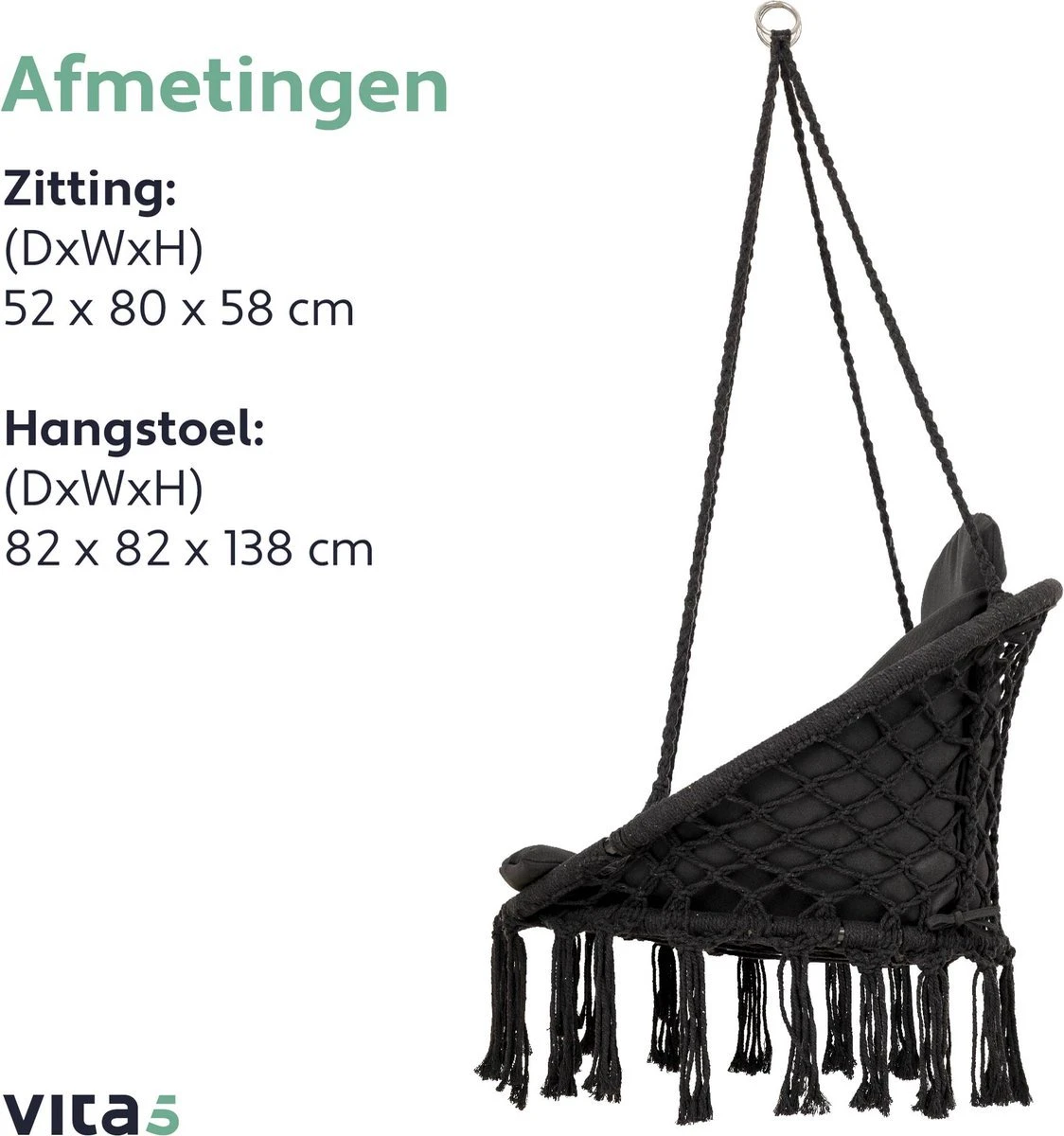 Vita5 Macramé Hangstoel - Voor Binnen en Buiten - Zonder Standaard - Incl. Kussen, Boekenvak en Beschermhoes - Tot 150kg - Zwart Vita5 Macramé Hangstoel - Voor Binnen En Buiten - Zonder Standaard - Incl. Kussen, Boekenvak En Beschermhoes - Tot 150kg - Zwart -Tuinmeubelseries Winkel 1124x1200 2