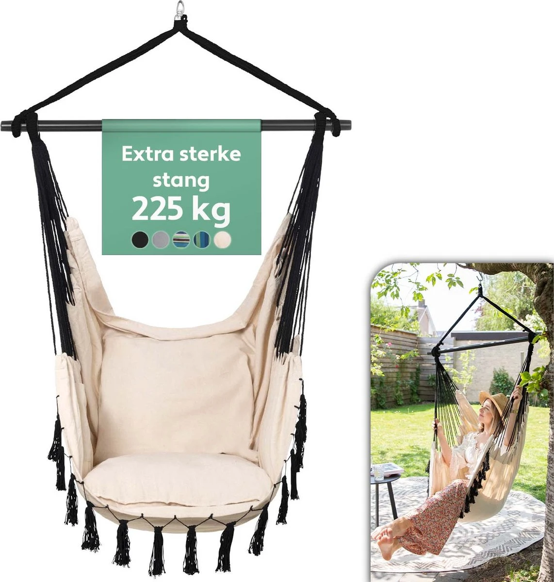Vita5 XXL Hangstoel | Binnen&Buiten Hangnest | Incl. 2 Kussens en Boekenvak | Volwassenen&Kinderen | Hangmatstoel tot 225kg | Beige Vita5 XXL Hangstoel | Binnen&Buiten Hangnest | Incl. 2 Kussens En Boekenvak | Volwassenen&Kinderen | Hangmatstoel Tot 225kg | Beige -Tuinmeubelseries Winkel