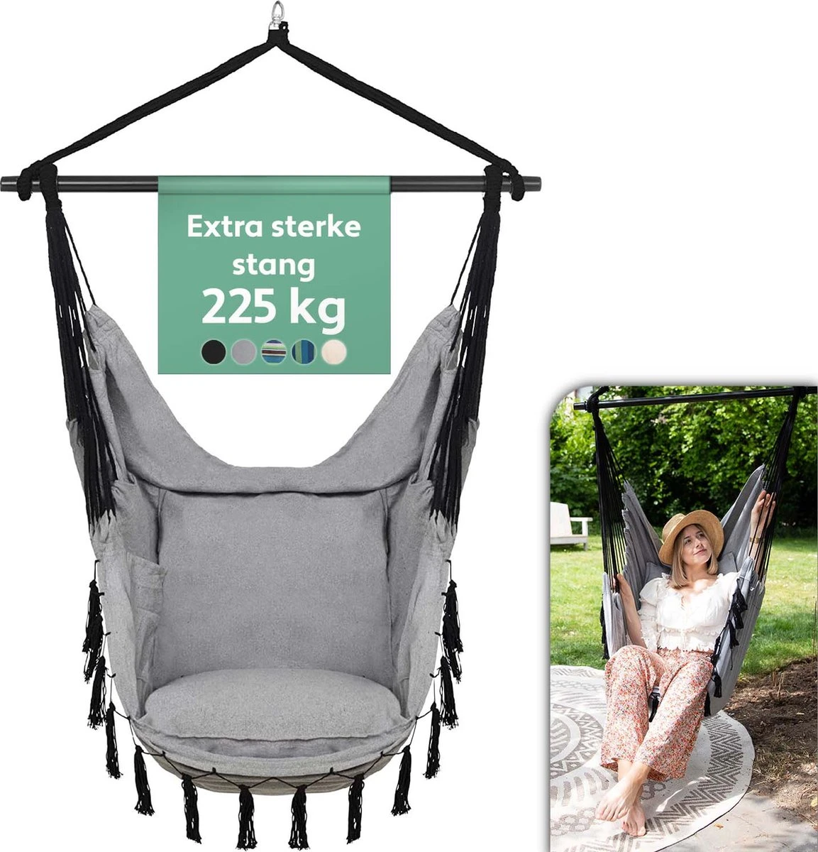 Vita5 XXL Hangstoel | Binnen&Buiten Hangnest | Incl. 2 Kussens en Boekenvak | Volwassenen&Kinderen | Hangmatstoel tot 225kg | Grijs Vita5 XXL Hangstoel | Binnen&Buiten Hangnest | Incl. 2 Kussens En Boekenvak | Volwassenen&Kinderen | Hangmatstoel Tot 225kg | Grijs -Tuinmeubelseries Winkel