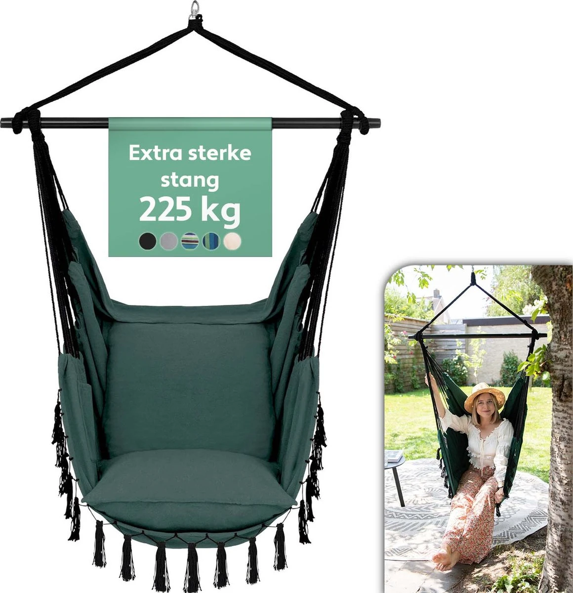 Vita5 XXL Hangstoel | Binnen&Buiten Hangnest | Incl. 2 Kussens en Boekenvak | Volwassenen&Kinderen | Hangmatstoel tot 225kg | Donkergroen Vita5 XXL Hangstoel | Binnen&Buiten Hangnest | Incl. 2 Kussens En Boekenvak | Volwassenen&Kinderen | Hangmatstoel Tot 225kg | Donkergroen -Tuinmeubelseries Winkel 1160x1200 1