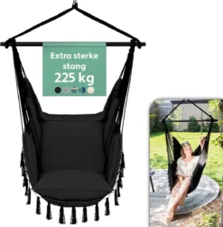 Vita5 XXL Hangstoel - Binnen&Buiten Hangnest - Incl. 2 Kussens En Boekenvak - Volwassenen&Kinderen - Hangmatstoel Tot 225kg - Zwart