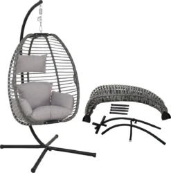 Pro Garden Lowander Hangstoel Egg 191x126x126- Schommelstoel Met Rattan Cocoon En Robuust Stalen Standaard Incl. Kussens - Volledig Inklapbaar - Lichtgrijs -Tuinmeubelseries Winkel 1185x1200