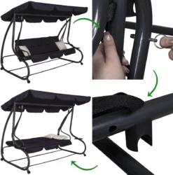 Springos Schommelbank | Linda-Schommel | 3-zits | Waterafstotend | Inclusief 2 Kussens | Verstelbare Luifel | 162 X 200 X 120 Cm | Zwart -Tuinmeubelseries Winkel 1186x1200