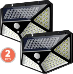 Niceey Solar Buitenlamp Met Bewegingssensor - 100 LED's - Wit Licht - Zonne-Energie - Wandlampen - Buiten Lamp - IP65 Waterdicht - 2 Stuks