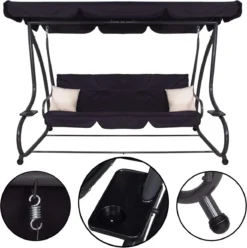 Springos Schommelbank | Linda-Schommel | 3-zits | Waterafstotend | Inclusief 2 Kussens | Verstelbare Luifel | 162 X 200 X 120 Cm | Zwart -Tuinmeubelseries Winkel 1194x1200 1