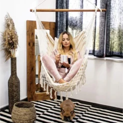 Springos Hangstoel | Binnen & Buiten | Met 2 Kussens | Boekenvak | Ook Voor Kinderen | Belastbaar Tot 150 Kg | Wit -Tuinmeubelseries Winkel 1198x1200 2