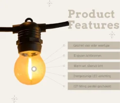 A Sunny Day Lichtsnoer Buiten - 5 Meter Inclusief 10 LED Lampen - 5 Meter Lichtsnoer Voor Buiten + 2 Meter Aansluitsnoer - Prikkabel - Priklicht - Lichtsnoer - 10 LED Lampen - E27 Fitting - Verlengbaar - Lichtsnoer Binnen -Tuinmeubelseries Winkel 1200x1029 3