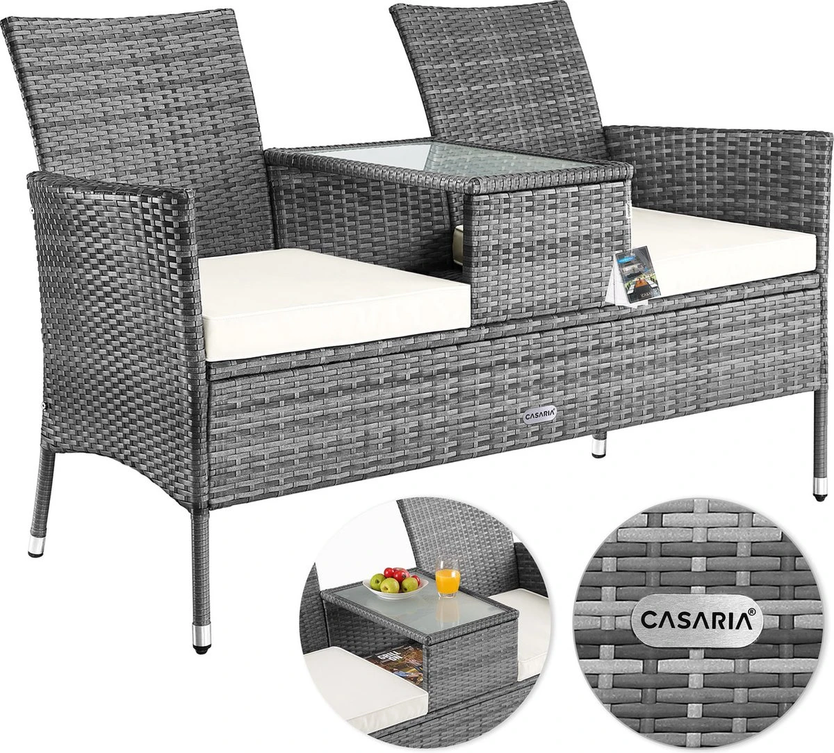 Casaria Polyrattan Tuinbank - Incl. Tafel & Kussens 7 cm - Grijs Casaria Polyrattan Tuinbank - Incl. Tafel & Kussens 7 Cm - Grijs -Tuinmeubelseries Winkel