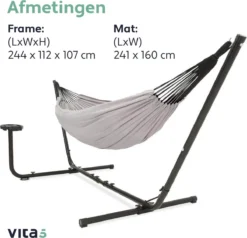 Vita5 Hangmat Met Standaard – 2 Persoons – Incl. Bekerhouder – 205kg Draaggewicht – Grijs -Tuinmeubelseries Winkel 1200x1155 4
