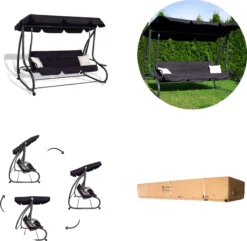 Springos Schommelbank | Linda-Schommel | 3-zits | Waterafstotend | Inclusief 2 Kussens | Verstelbare Luifel | 162 X 200 X 120 Cm | Zwart -Tuinmeubelseries Winkel 1200x1171 1
