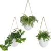 Gadgy Plantenhanger Keramiek - Set Van 3 - Hangpot Van Wit Steen - Hangende Bloempot Plantenpot - Met 3 Verschillende Koorden - 12x11x9.5CM