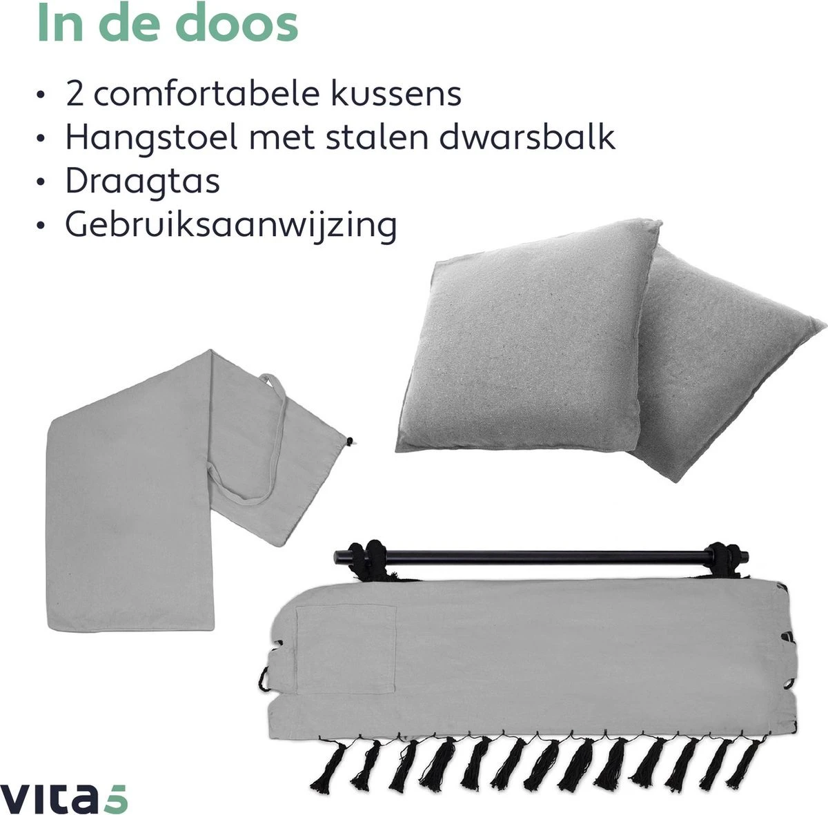 Vita5 XXL Hangstoel | Binnen&Buiten Hangnest | Incl. 2 Kussens en Boekenvak | Volwassenen&Kinderen | Hangmatstoel tot 225kg | Grijs Vita5 XXL Hangstoel | Binnen&Buiten Hangnest | Incl. 2 Kussens En Boekenvak | Volwassenen&Kinderen | Hangmatstoel Tot 225kg | Grijs -Tuinmeubelseries Winkel 1200x1181 2