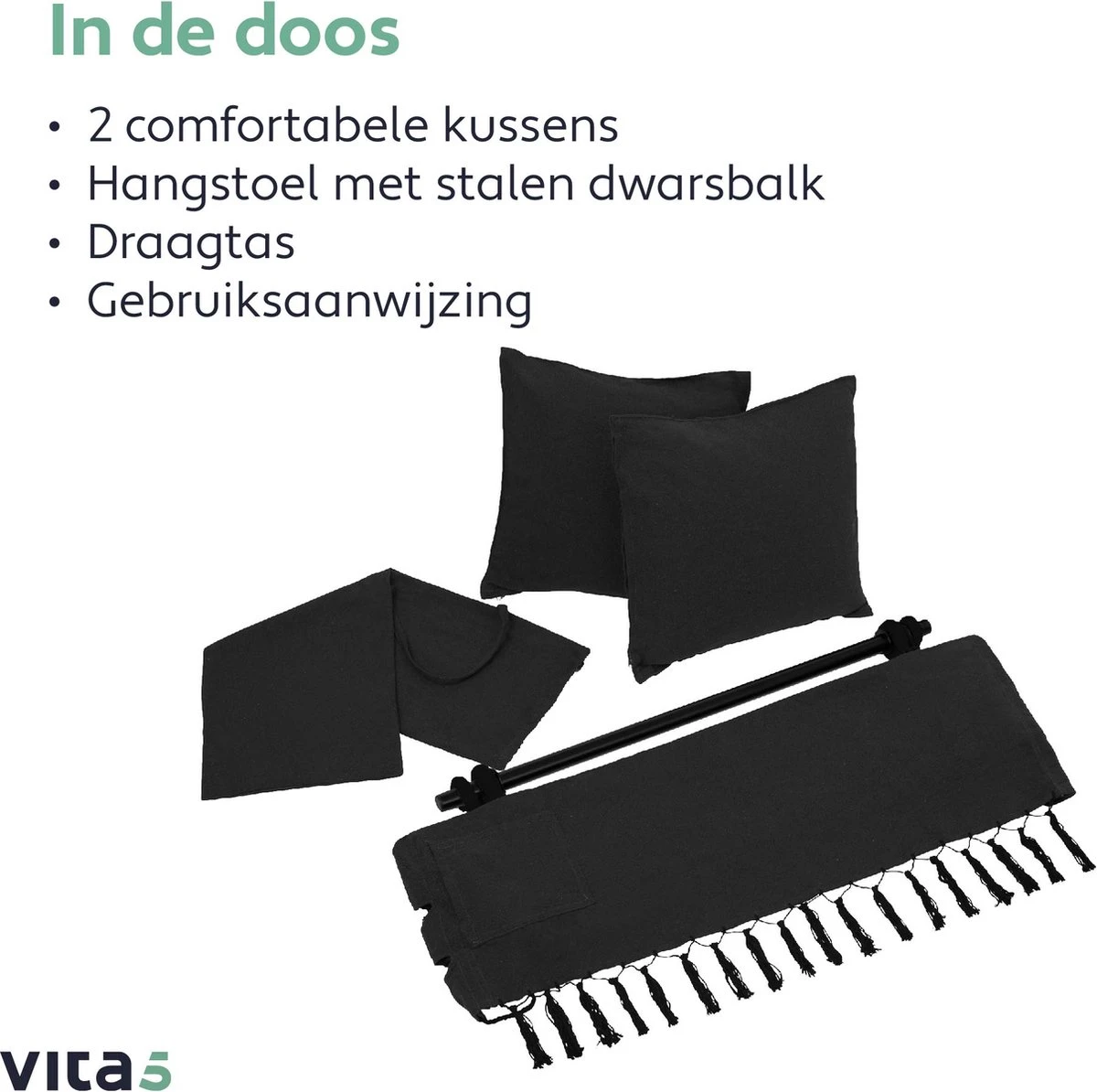 Vita5 XXL Hangstoel - Binnen&Buiten Hangnest - Incl. 2 Kussens en Boekenvak - Volwassenen&Kinderen - Hangmatstoel tot 225kg - Zwart Vita5 XXL Hangstoel - Binnen&Buiten Hangnest - Incl. 2 Kussens En Boekenvak - Volwassenen&Kinderen - Hangmatstoel Tot 225kg - Zwart -Tuinmeubelseries Winkel 1200x1194 1