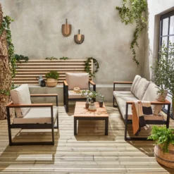 Loungeset 5 Plaatsen Van Aluminium En Eucalyptus – NAZCA – Antraciet Structuur, Lichtgrijs Kussens -Tuinmeubelseries Winkel 1200x1200 1084