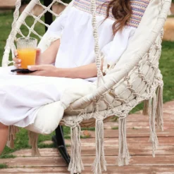 Hangstoel, Hangschommel, Hangstoel Met Een Dik Kussen, Tot 120 Kg Belastbaar, Voor Tuin, Balkon, Woonkamer, Terras, Scandinavische Stijl, Modern, Beige HMDC042M01 -Tuinmeubelseries Winkel 1200x1200 111