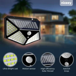Niceey Solar Buitenlamp Met Bewegingssensor - 100 LED's - Wit Licht - Zonne-Energie - Wandlampen - Buiten Lamp - IP65 Waterdicht - 2 Stuks -Tuinmeubelseries Winkel 1200x1200 1331