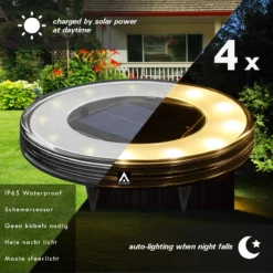 Arisenn® 360 - 4 X Solar LED Grondspot Zwart - WarmWit 3000K - Solar Tuinverlichting - Buitenlamp - Tuinverlichting Op Zonne-Energie - Schemerschakelaar - Automatisch Aan- IP67 - 1200 MAh Lithium Accu