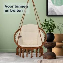 Vita5 Macramé Hangstoel - Voor Binnen En Buiten - Zonder Standaard - Incl. Kussen, Boekenvak En Beschermhoes - Tot 150kg - Bruin/Beige -Tuinmeubelseries Winkel 1200x1200 353