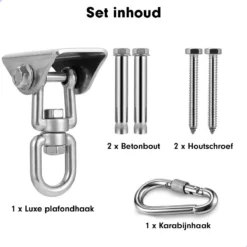 Luxe Ophangsysteem - 180° Schommelen, 360° Roteerbaar - Plafondhaak - Ophanghaak - Hangstoel Buiten - Hangstoel Binnen – Schommelstoel - Schommel - Bokszakken - RVS - Nederlandse Handleiding - -Tuinmeubelseries Winkel 1200x1200 458