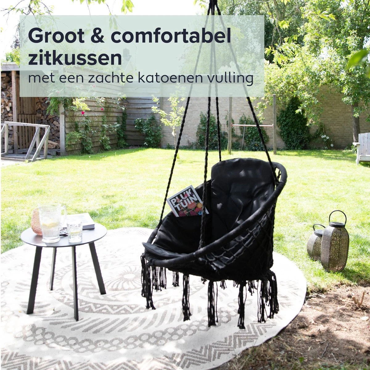 Vita5 Macramé Hangstoel - Voor Binnen en Buiten - Zonder Standaard - Incl. Kussen, Boekenvak en Beschermhoes - Tot 150kg - Zwart Vita5 Macramé Hangstoel - Voor Binnen En Buiten - Zonder Standaard - Incl. Kussen, Boekenvak En Beschermhoes - Tot 150kg - Zwart -Tuinmeubelseries Winkel 1200x1200 464
