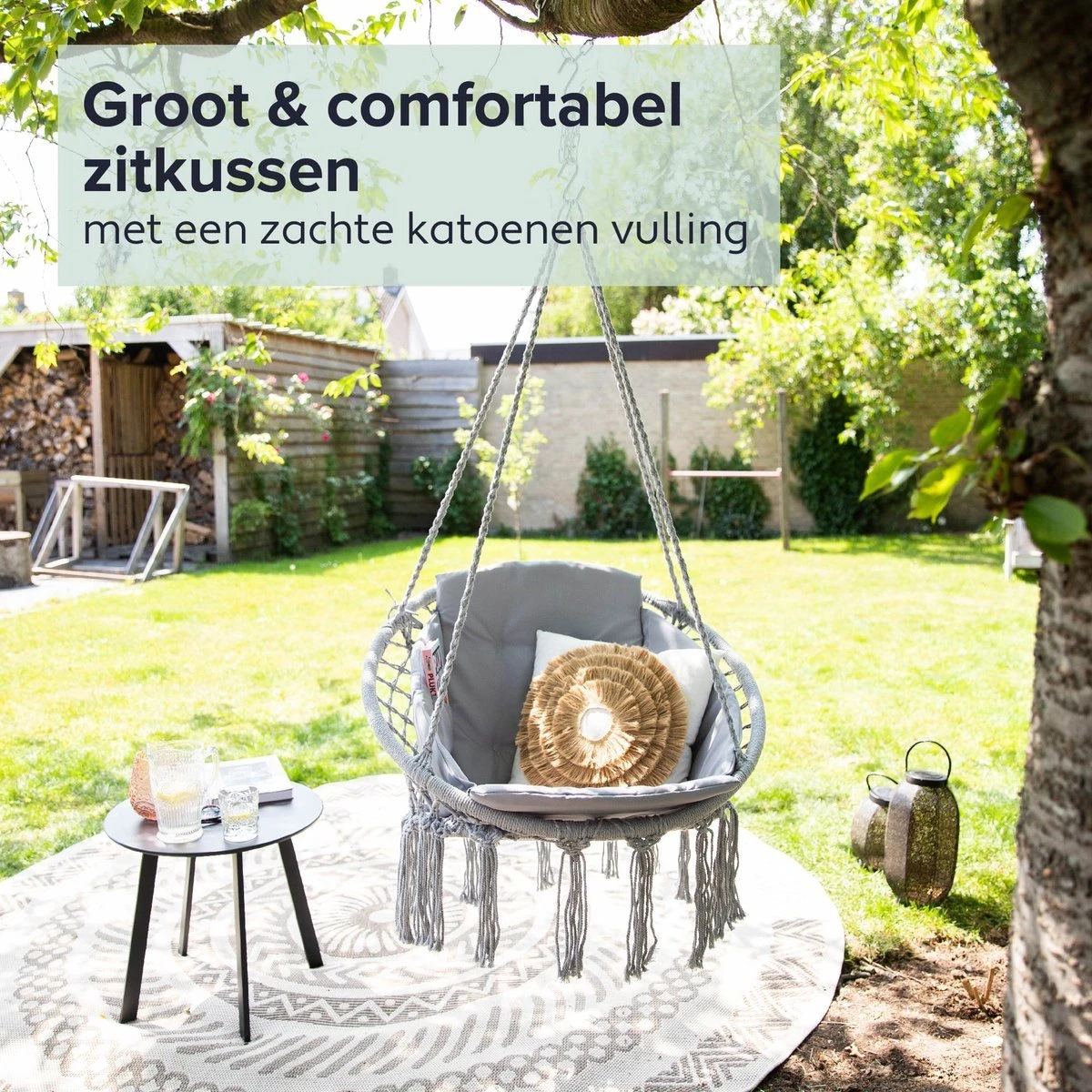 Vita5 Macramé Hangstoel - Voor Binnen en Buiten - Zonder Standaard - Incl. Kussen, Boekenvak en Beschermhoes - Tot 150kg - Grijs Vita5 Macramé Hangstoel - Voor Binnen En Buiten - Zonder Standaard - Incl. Kussen, Boekenvak En Beschermhoes - Tot 150kg - Grijs -Tuinmeubelseries Winkel 1200x1200 494