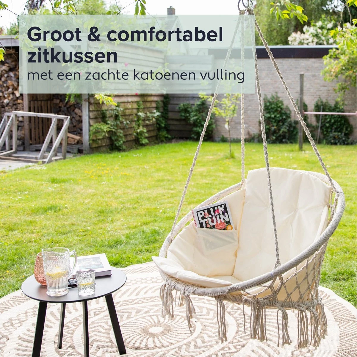 Vita5 Macramé Hangstoel - Voor Binnen en Buiten - Zonder Standaard - Incl. Kussen, Boekenvak en Beschermhoes - Tot 150kg - Beige Vita5 Macramé Hangstoel - Voor Binnen En Buiten - Zonder Standaard - Incl. Kussen, Boekenvak En Beschermhoes - Tot 150kg - Beige -Tuinmeubelseries Winkel 1200x1200 528