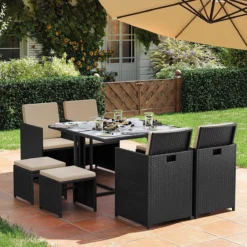 Tuinmeubelset - Tuinset 4 6 8 Persoons - Eettafel En Stoelen - Set Van 9 - Terras - Tuintafel - Salontafel Met Glazen Oppervlak - Zwart Beige -Tuinmeubelseries Winkel 1200x1200 927
