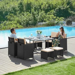 Tuinmeubelset - Tuinset 4 6 8 Persoons - Eettafel En Stoelen - Set Van 9 - Terras - Tuintafel - Salontafel Met Glazen Oppervlak - Zwart Beige -Tuinmeubelseries Winkel 1200x1200 930