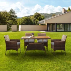 Teamson Home 5-Delig Diningset - Tuinset - Tuinmeubelen - Tafel En 4 Stoelen - Voor Maximaal 4 Personen - Massief Houten Tafelblad - Bruin - 244 X 132 X 84 (cm) -Tuinmeubelseries Winkel 1200x1200 968