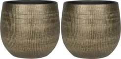 Set Van 2x Stuks Plantenpotten/bloempotten In Een Strakke Modern Design Look Metal Goud Dia 22 Cm En Hoogte 20 Cm