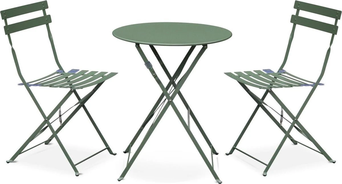 EMILIA bistroset - 2 inklapbare stoelen en een ronde tafel van gepoedercoat staal met matte afwerking – groengrijs EMILIA Bistroset - 2 Inklapbare Stoelen En Een Ronde Tafel Van Gepoedercoat Staal Met Matte Afwerking – Groengrijs -Tuinmeubelseries Winkel