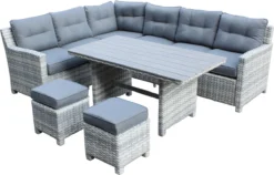 Merkloos Rivièra | Loungeset Hoekset Dining Set Tuinset | Wicker | Hoekbank, Hoge Tuintafel, 2 Hockers | 6 Zitplaatsen