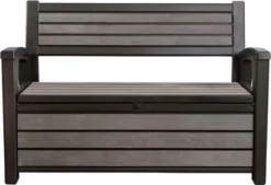 Keter - Hudson Bench Box - 2-zits Bank - Opbergbox - Hout Look & Feel - 227L - 138x63x89cm - Antraciet -Tuinmeubelseries Winkel 1200x822 1
