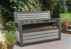 Keter - Hudson Bench Box - 2-zits Bank - Opbergbox - Hout Look & Feel - 227L - 138x63x89cm - Antraciet -Tuinmeubelseries Winkel 1200x832 2