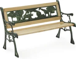 LIFA GARDEN Tuinbank Voor 2 Kinderen | Kinderbank Van Onbewerkt Hout En Ijzer | Nostalgische Tuinbank Met Jungle Afbeelding In De Rugleuning | Tuinbank Om Te Beitsen | 82 X 39 X 50 Cm