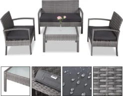 Casaria Polyrattan Loungeset – 2 Stoelen 1 Bank 1 Tafel - Antraciet -Tuinmeubelseries Winkel 1200x931