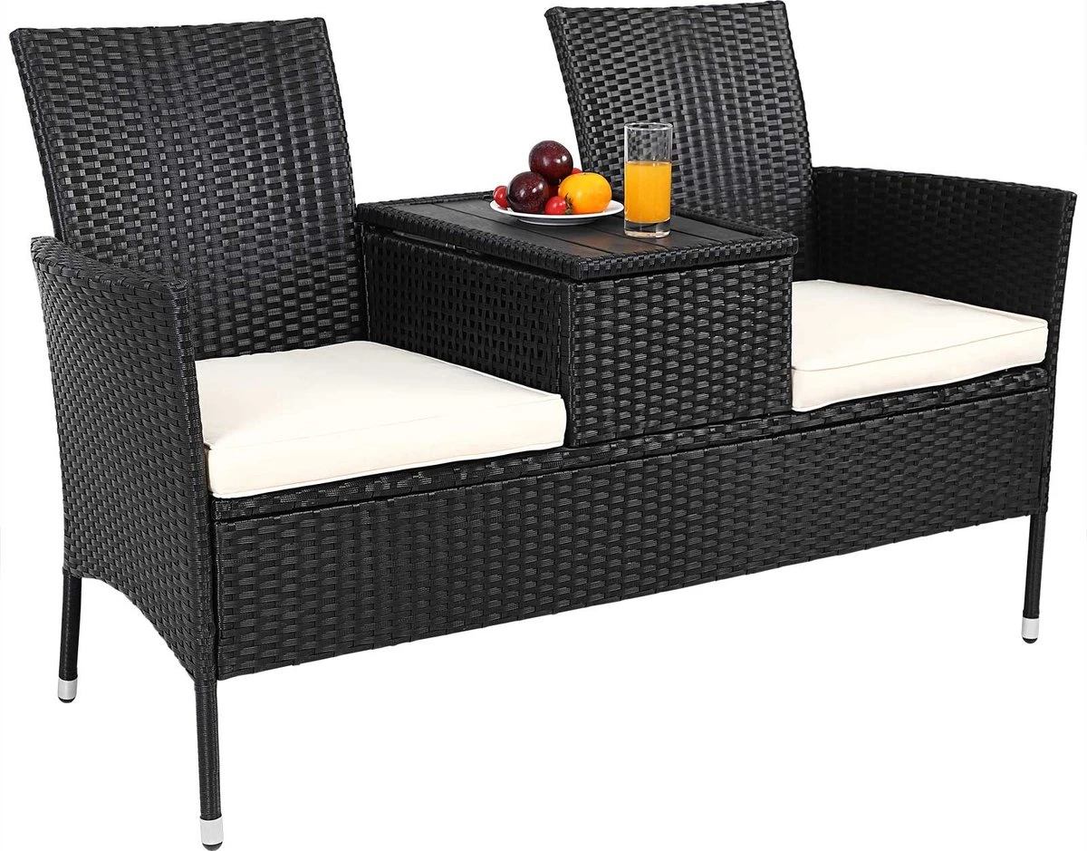 Casaria Tuinbank Polyrattan – 2 Zitter Incl. Tafel & Kussens – Zwart