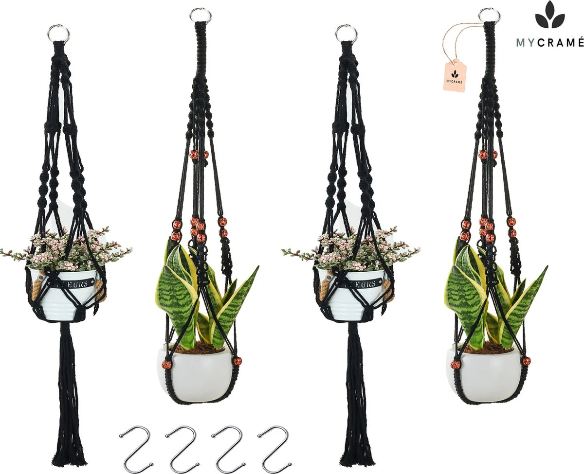 4 Stuks Zwarte Macrame Plantenhangers - Boho Handgeweven Katoen Hangpot Voor Binnen/Buiten - Hangende Bloempot Met Kralen - Macramé Touw/Koord Hangplant Houder - Bohemian Wandhanger Decoratie - Plant Hanger - Verticale Tuin Bloempothouder Planthanger