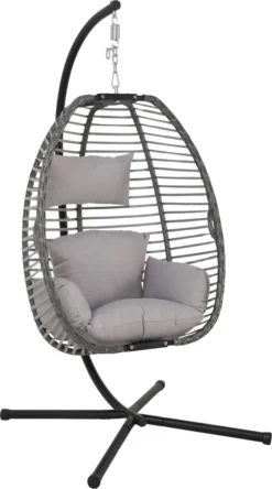 Pro Garden Lowander Hangstoel Egg 191x126x126- Schommelstoel Met Rattan Cocoon En Robuust Stalen Standaard Incl. Kussens - Volledig Inklapbaar - Lichtgrijs