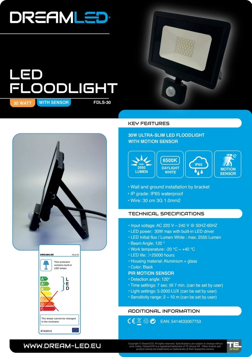 Dreamled LED schijnwerper 30W met bewegingssensor Dreamled LED Schijnwerper 30W Met Bewegingssensor -Tuinmeubelseries Winkel